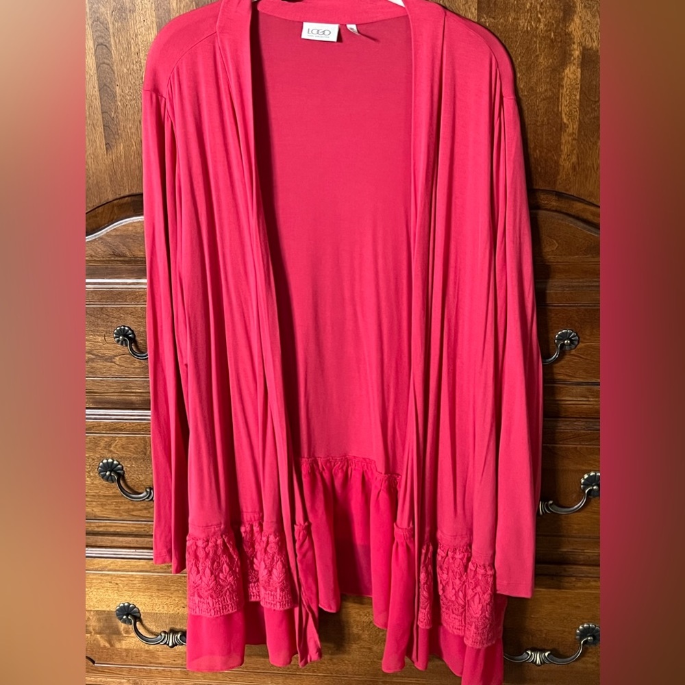 LOGO by Lori Goldstein Coral red lace trim open front cardigan plus 2X NWOT
